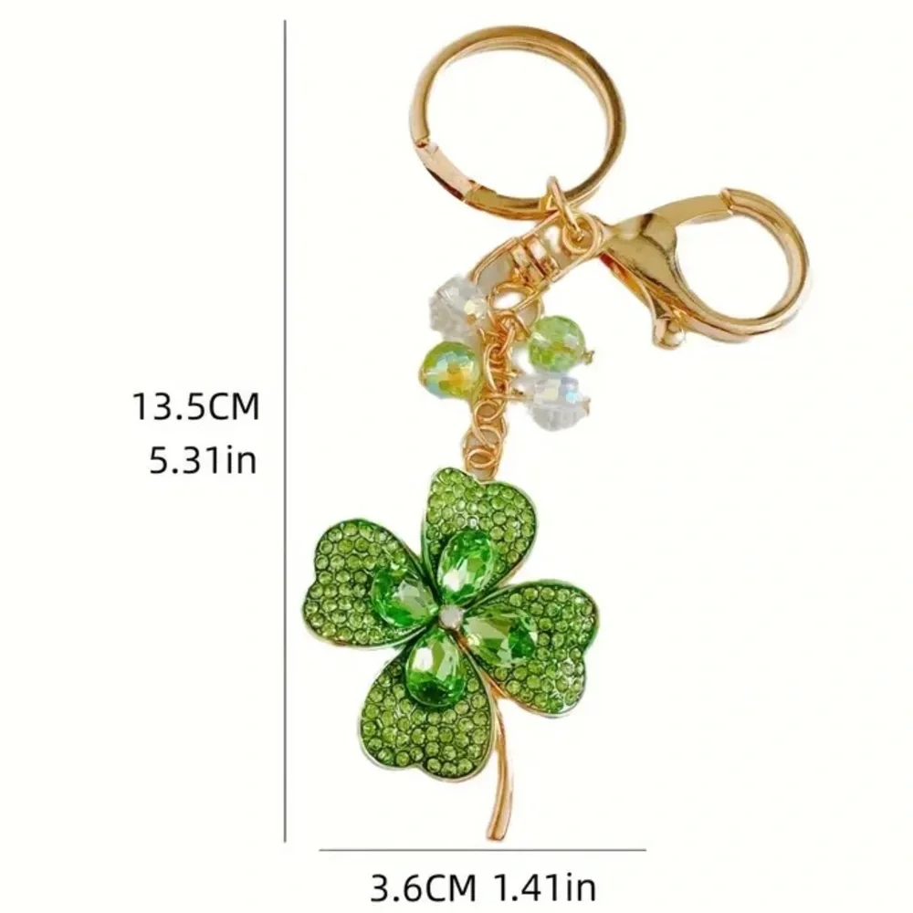 Green Rhinestone Clover Keychain Ring Bag Charm - Picture 2 of 3